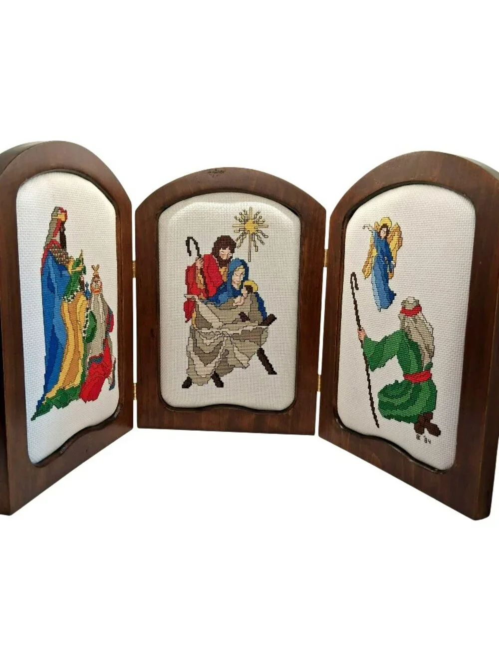 Vintage Wood Triptych Nativity Needlepoint Panels Holy Family Kings Angel 1984